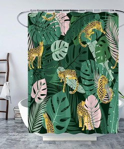 Tropical Leopard Leaves Shower Curtain, Jungle Bathroom Decor with Wildlife and Monstera Plants