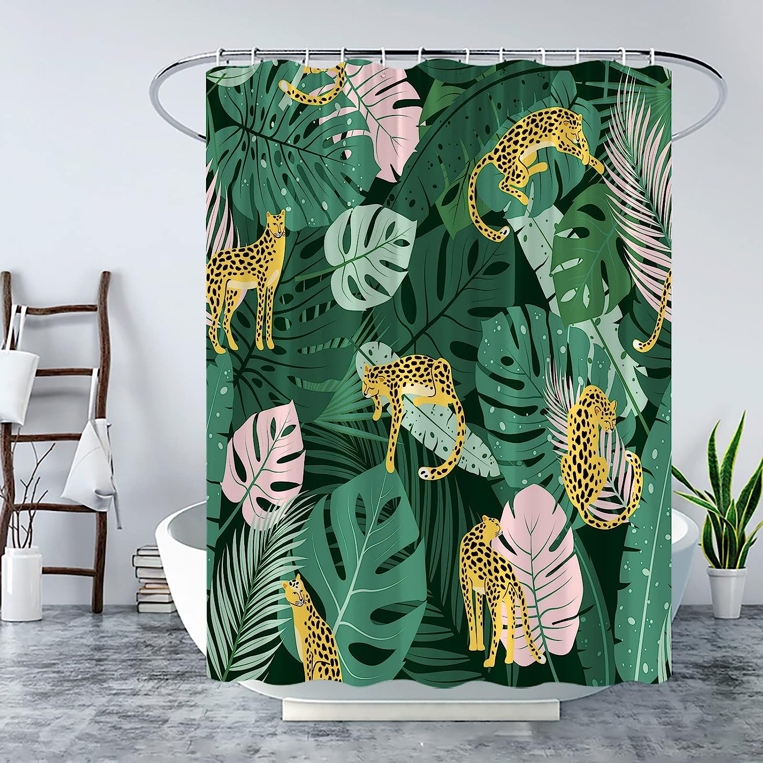 Tropical Leopard Leaves Shower Curtain, Jungle Bathroom Decor with Wildlife and Monstera Plants