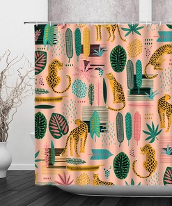 Tropical Leopard Palm Leaves Shower Curtain, Summertime Bathroom Decor