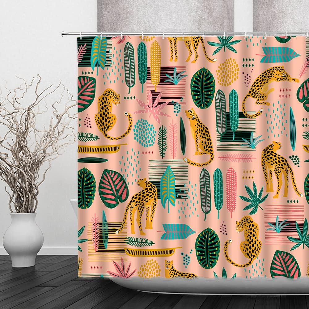 Tropical Leopard Palm Leaves Shower Curtain, Summertime Bathroom Decor