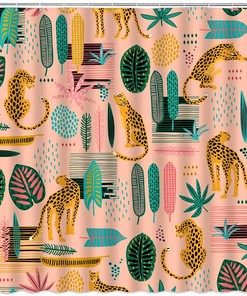 Tropical Leopard Palm Leaves Shower Curtain, Summertime Bathroom Decor