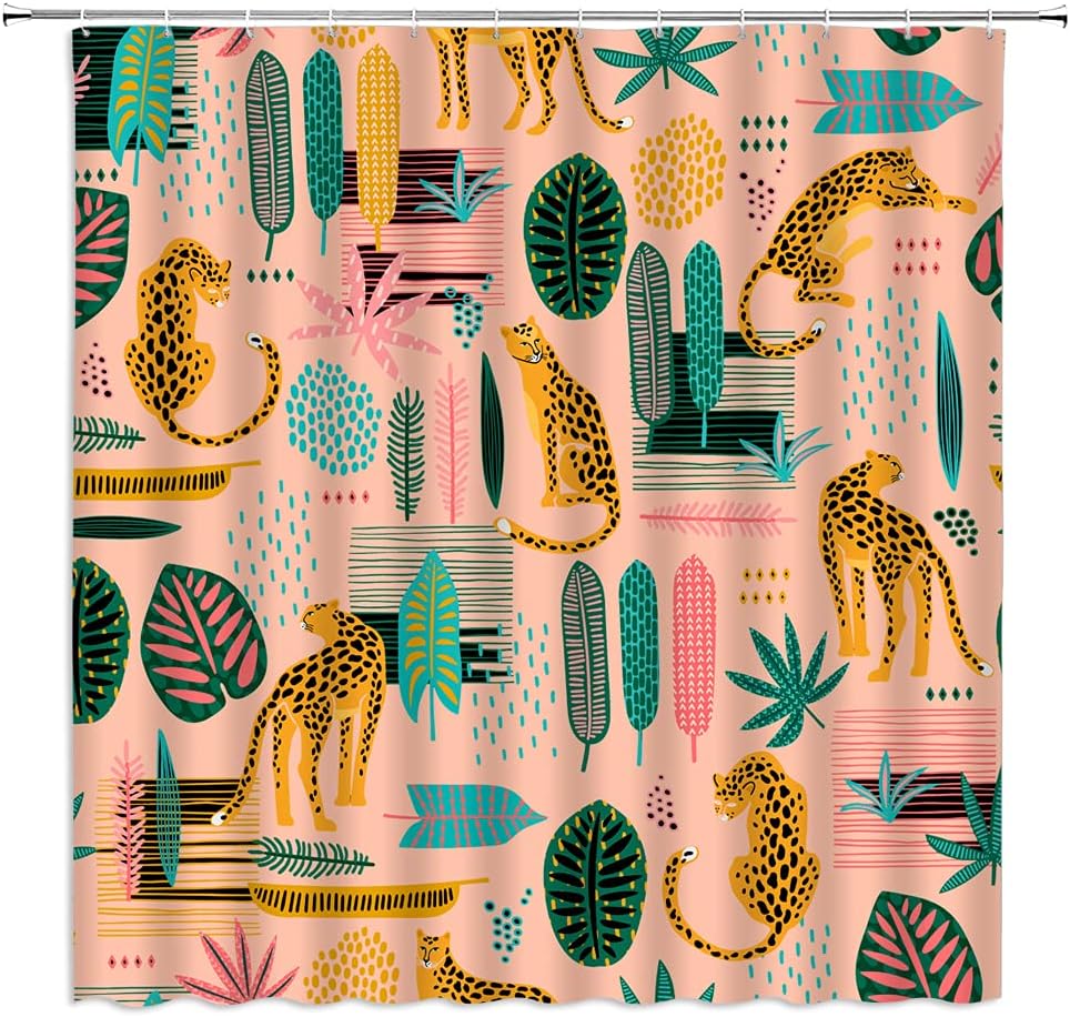 Tropical Leopard Palm Leaves Shower Curtain, Summertime Bathroom Decor