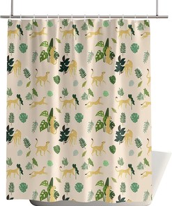 Tropical Leopard Palm Leaves Shower Curtain with Animal Print and Botanic Patterns for Natural Bathroom Decor