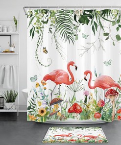 Tropical Mushroom Flamingo Shower Curtain for Summer Bathroom