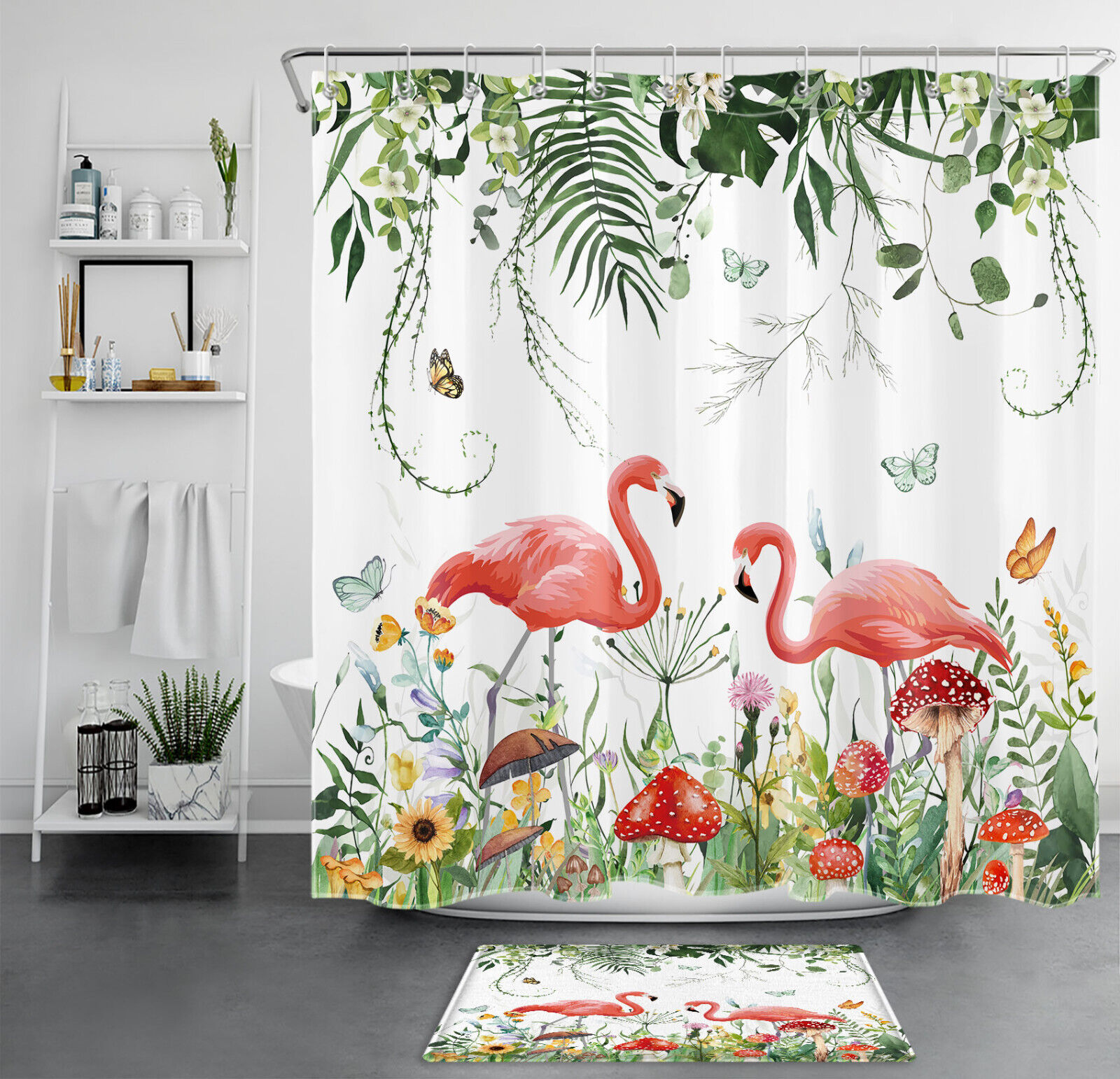 Tropical Mushroom Flamingo Shower Curtain for Summer Bathroom