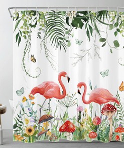 Tropical Mushroom Flamingo Shower Curtain for Summer Bathroom