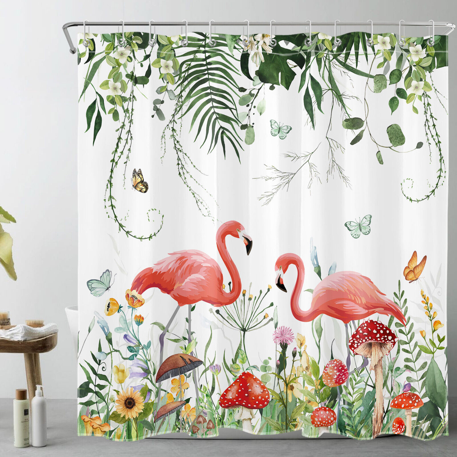 Tropical Mushroom Flamingo Shower Curtain for Summer Bathroom