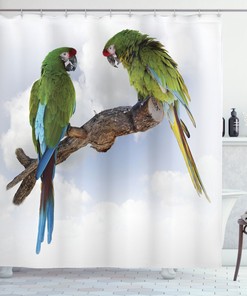 Tropical Nature Print Shower Curtain - Featuring Macaw Parrots on a Branch Talking. 