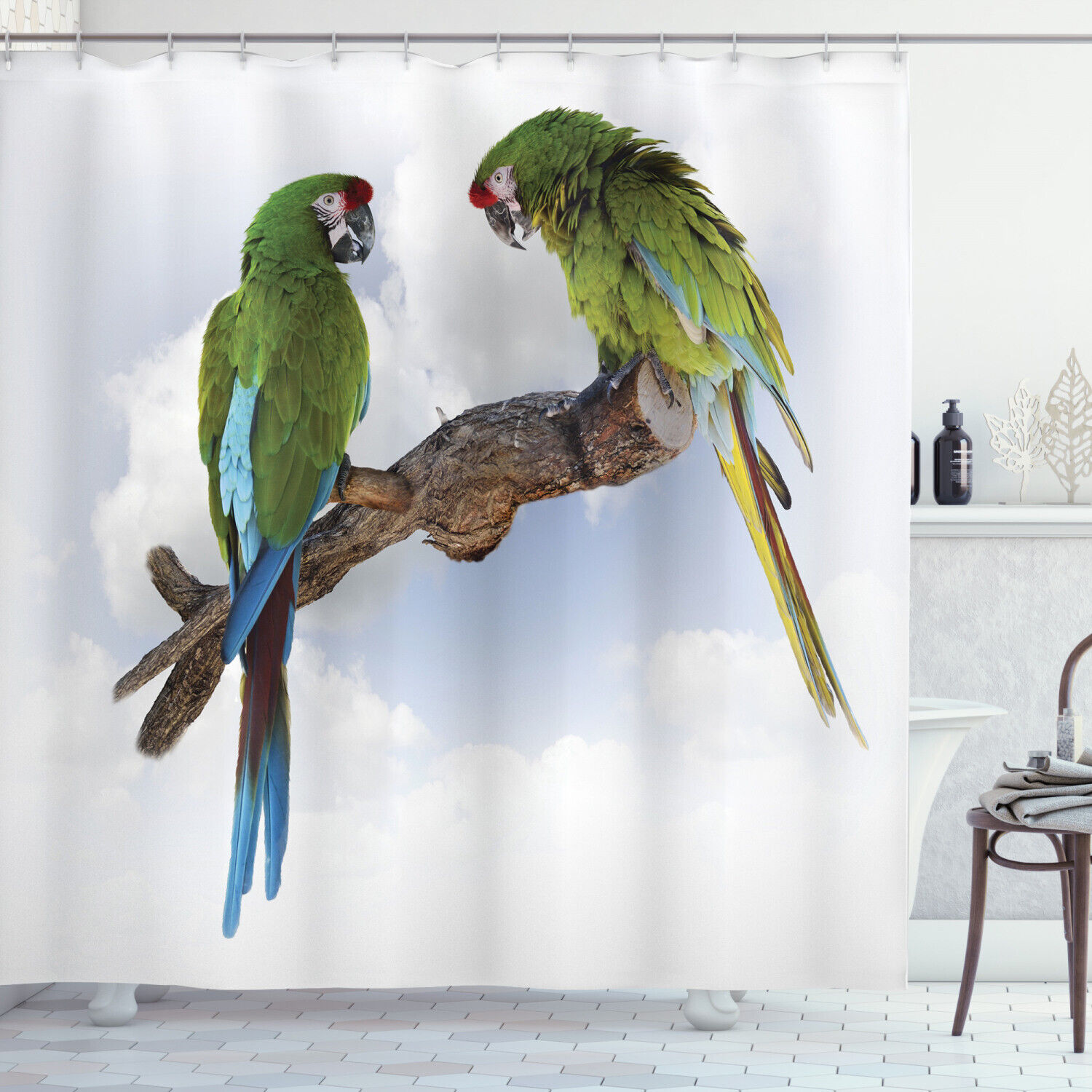 Tropical Nature Print Shower Curtain - Featuring Macaw Parrots on a Branch Talking.