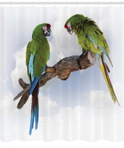 Tropical Nature Print Shower Curtain - Featuring Macaw Parrots on a Branch Talking.