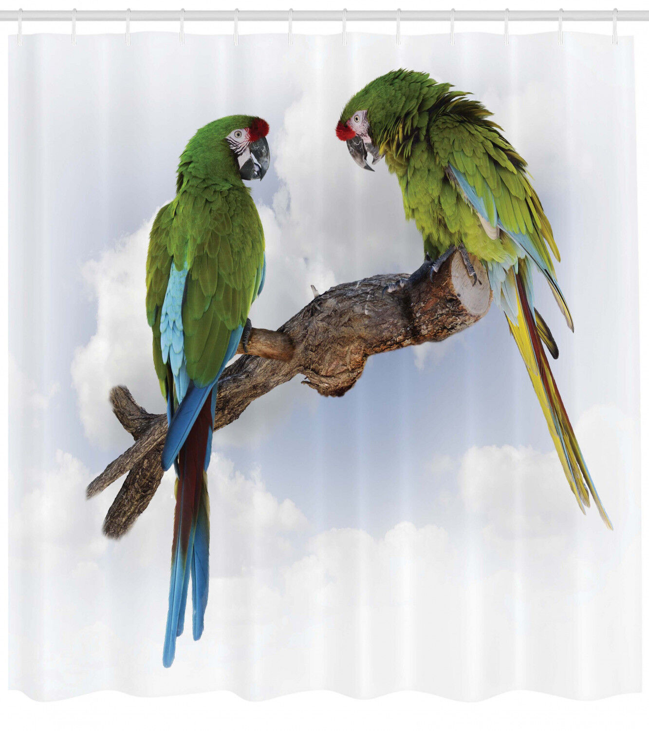 Tropical Nature Print Shower Curtain - Featuring Macaw Parrots on a Branch Talking.