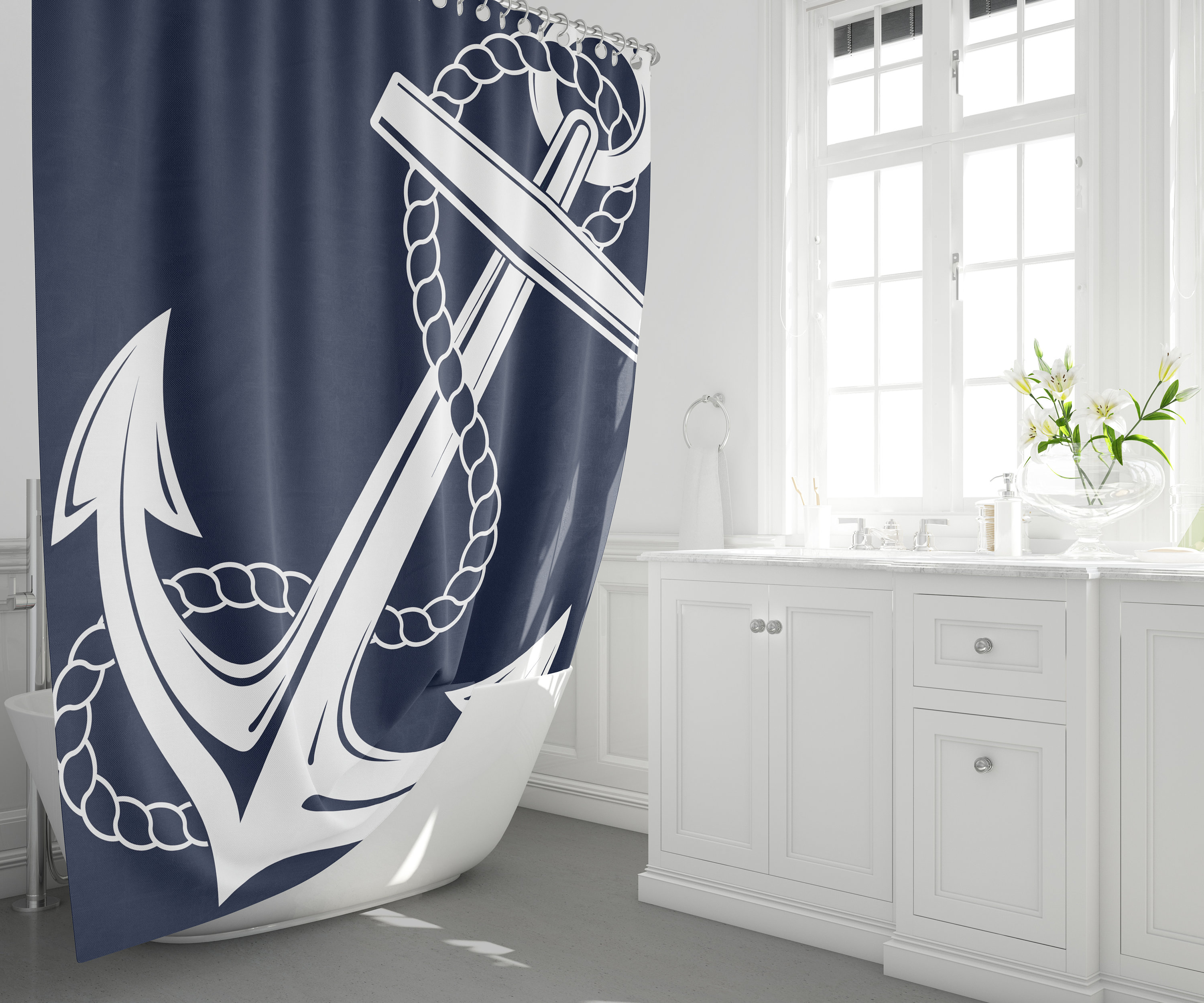 Tropical Nautical Shower Curtain with Navy Anchor Print for Your Bathroom - Perfect for Boating Lovers