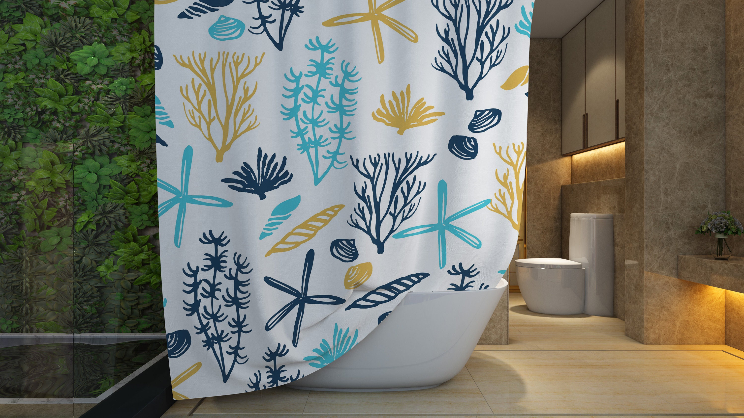 Tropical Ocean Bath Decor Shower Curtain, Coastal Bath Decor with Ocean Blue Design
