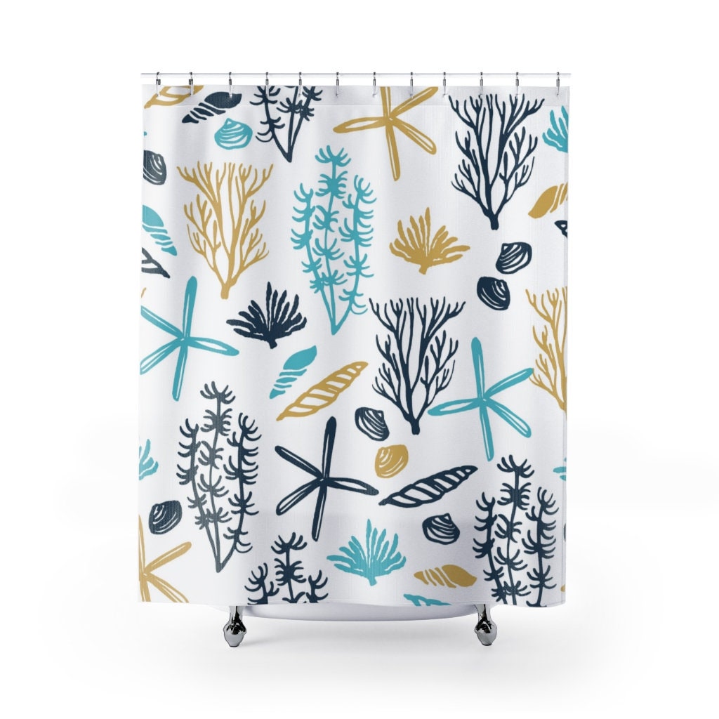 Tropical Ocean Bath Decor Shower Curtain, Coastal Bath Decor with Ocean Blue Design