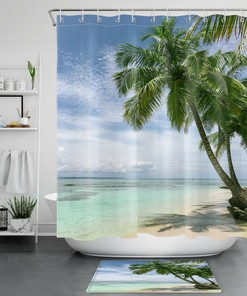 Tropical Ocean Beach Scenery Shower Curtain with Palm Tree Design, for Bathroom Accessory 