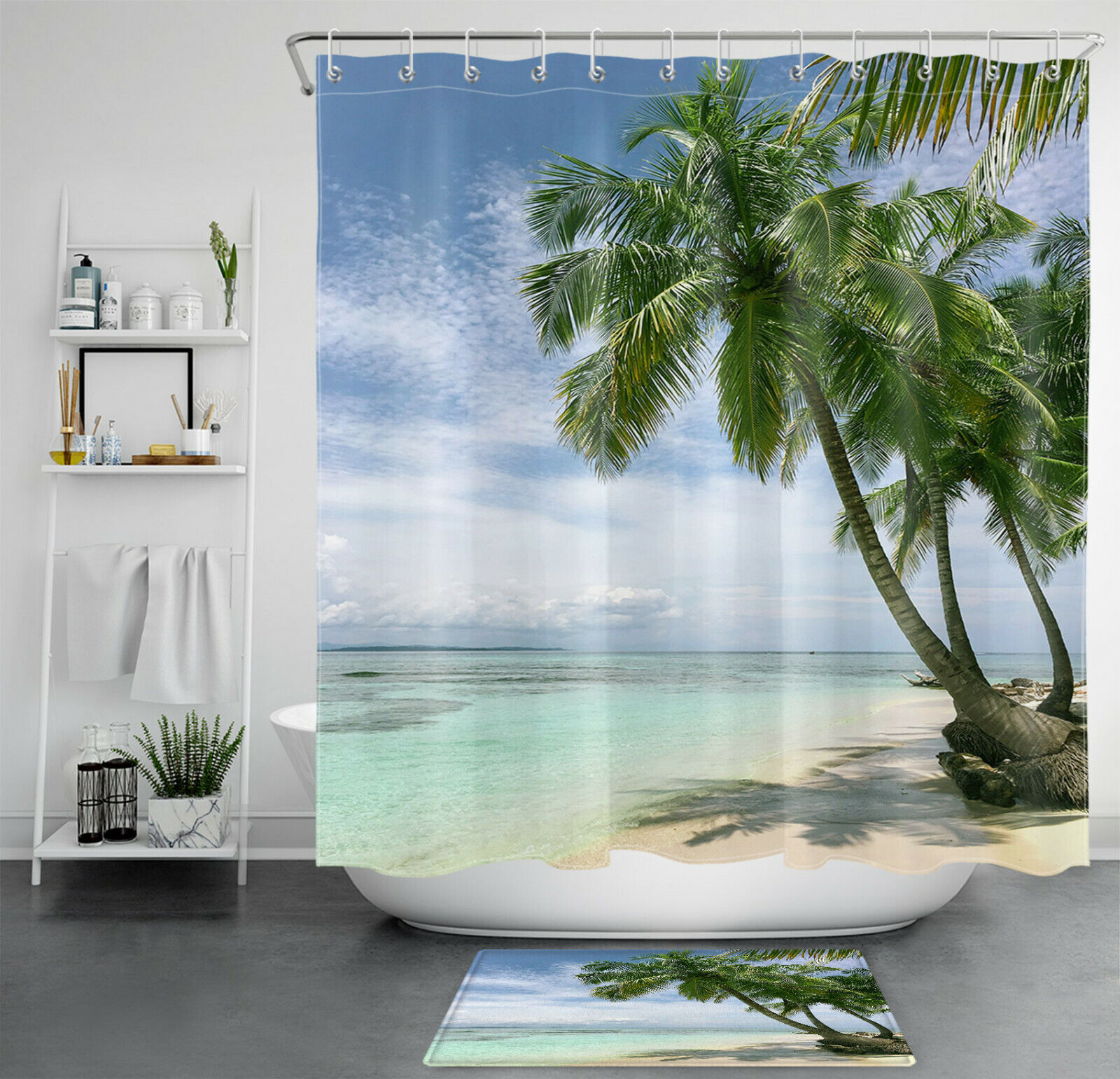 Tropical Ocean Beach Scenery Shower Curtain with Palm Tree Design, for Bathroom Accessory