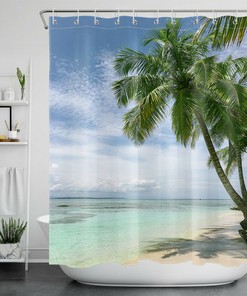 Tropical Ocean Beach Scenery Shower Curtain with Palm Tree Design, for Bathroom Accessory