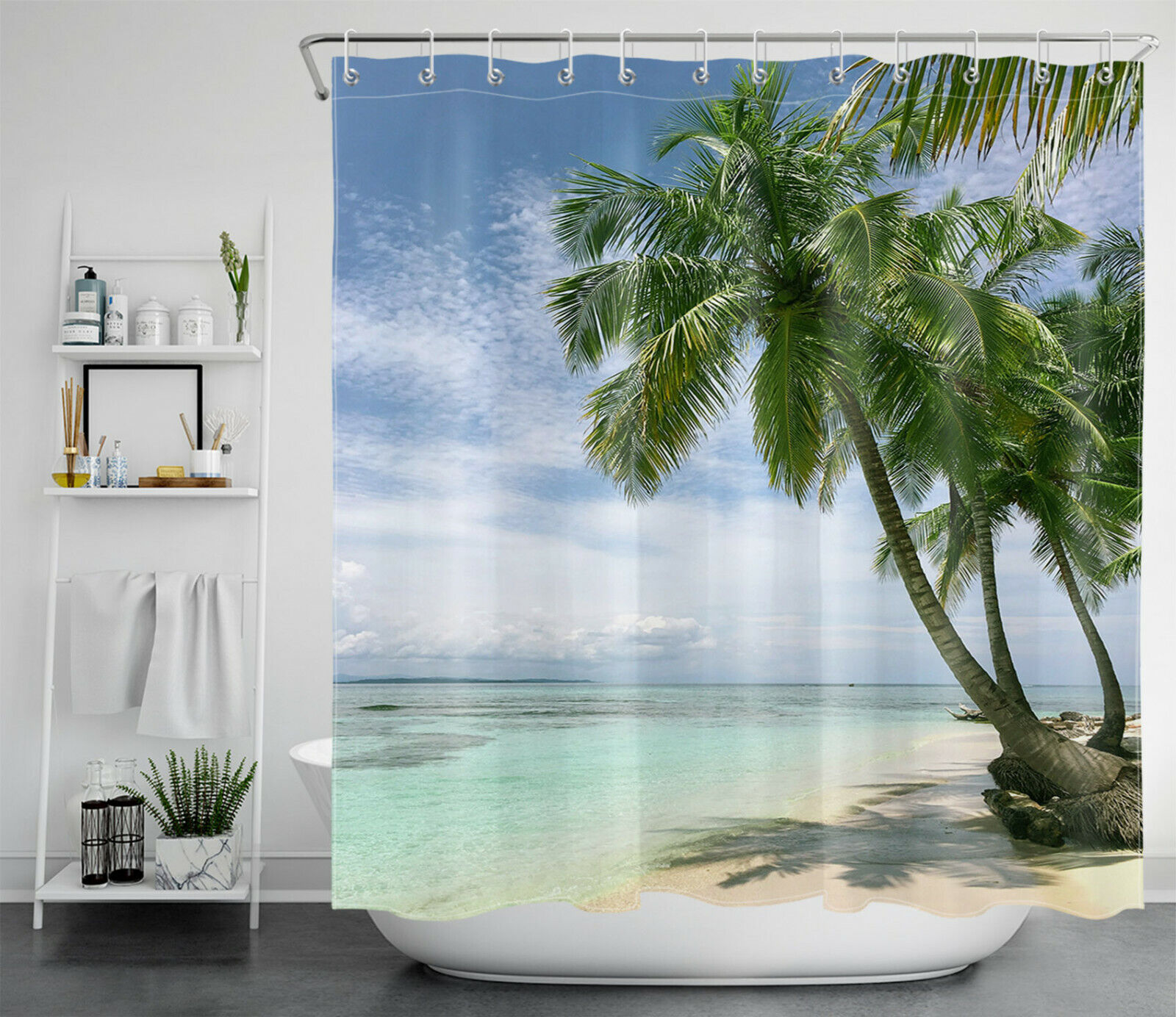 Tropical Ocean Beach Scenery Shower Curtain with Palm Tree Design, for Bathroom Accessory