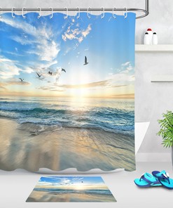 Tropical Ocean Sunrise Seagull Shower Curtain with Waterproof Fabric, for Bathroom Decor 