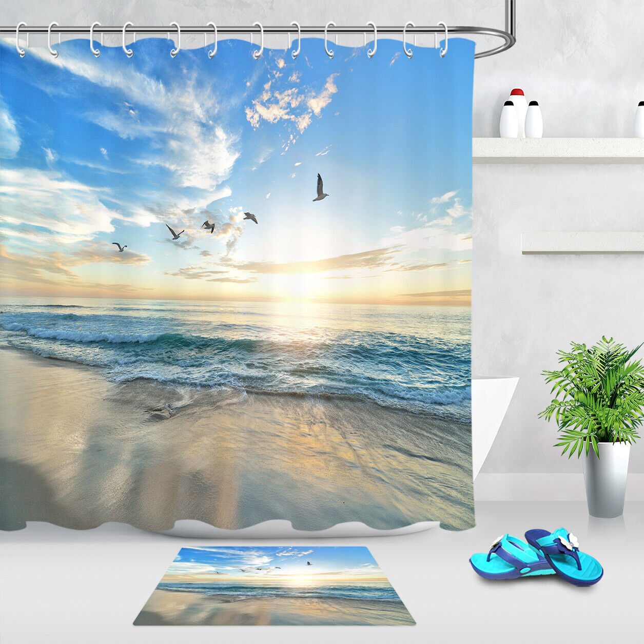 Tropical Ocean Sunrise Seagull Shower Curtain with Waterproof Fabric, for Bathroom Decor
