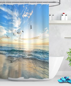 Tropical Ocean Sunrise Seagull Shower Curtain with Waterproof Fabric, for Bathroom Decor