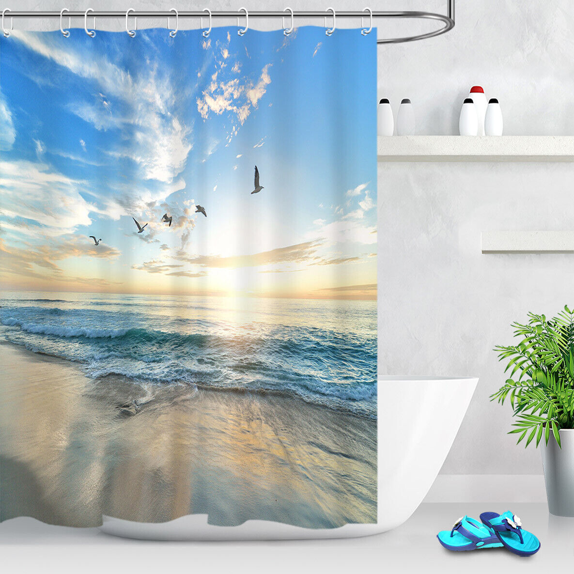 Tropical Ocean Sunrise Seagull Shower Curtain with Waterproof Fabric, for Bathroom Decor