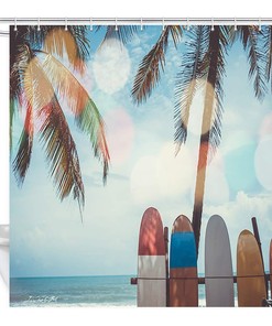 Tropical Ocean Surfing Shower Curtain, Waterproof Fabric for Bathroom Decor 