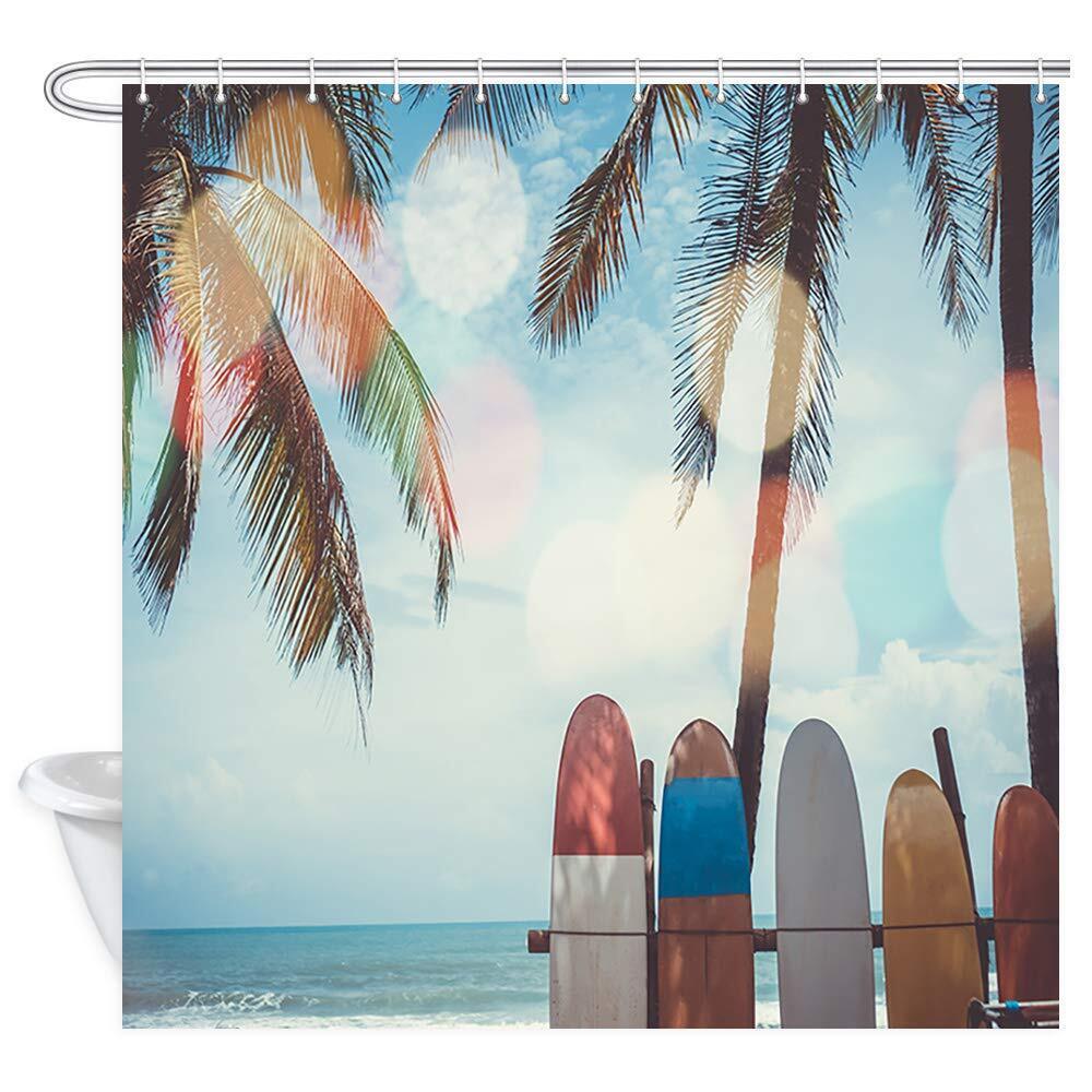Tropical Ocean Surfing Shower Curtain, Waterproof Fabric for Bathroom Decor