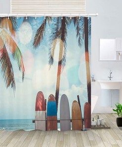 Tropical Ocean Surfing Shower Curtain, Waterproof Fabric for Bathroom Decor