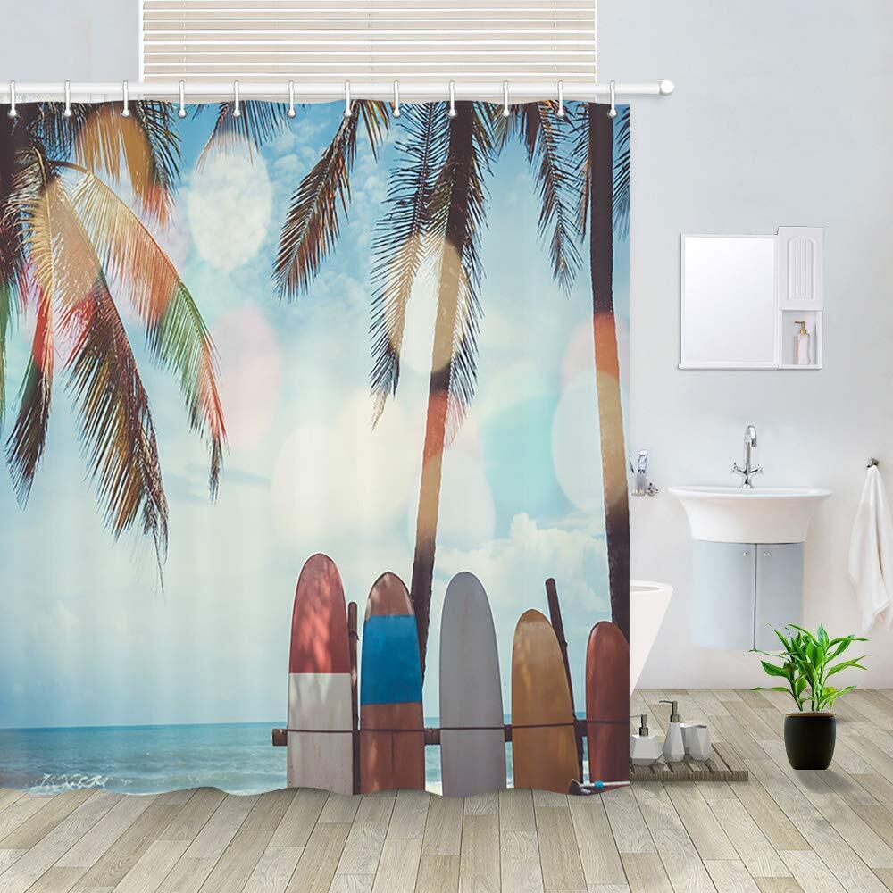 Tropical Ocean Surfing Shower Curtain, Waterproof Fabric for Bathroom Decor