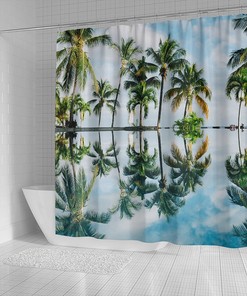 Tropical Ocean View Reflection Palm Tree Shower Curtain for Bathroom Decor