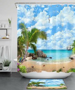 Tropical Palm Flowers Summer Beach Ocean Shower Curtain for Bathroom Accessory