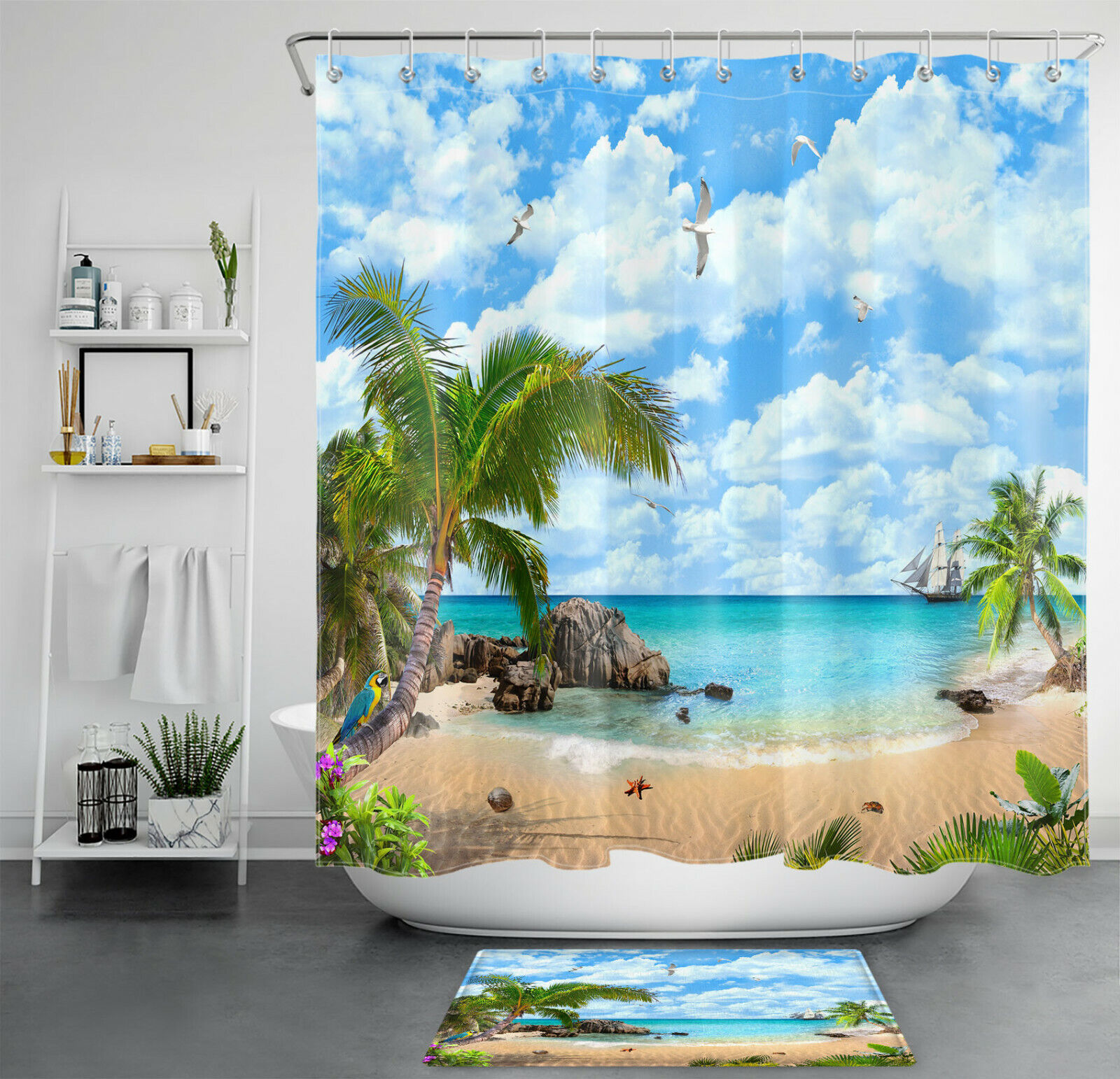 Tropical Palm Flowers Summer Beach Ocean Shower Curtain for Bathroom Accessory