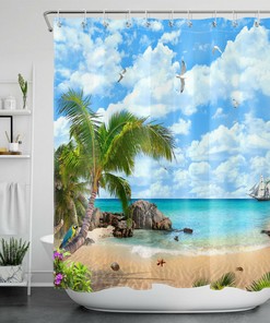 Tropical Palm Flowers Summer Beach Ocean Shower Curtain for Bathroom Accessory