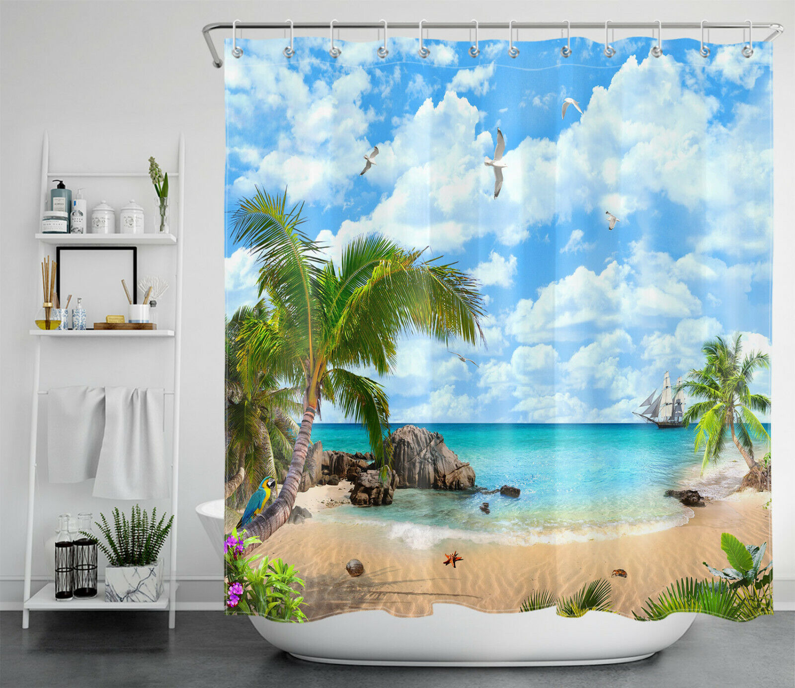 Tropical Palm Flowers Summer Beach Ocean Shower Curtain for Bathroom Accessory