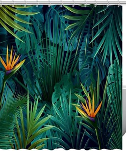 Tropical Palm Leaf Green Fabric Shower Curtain for Bathroom Decor