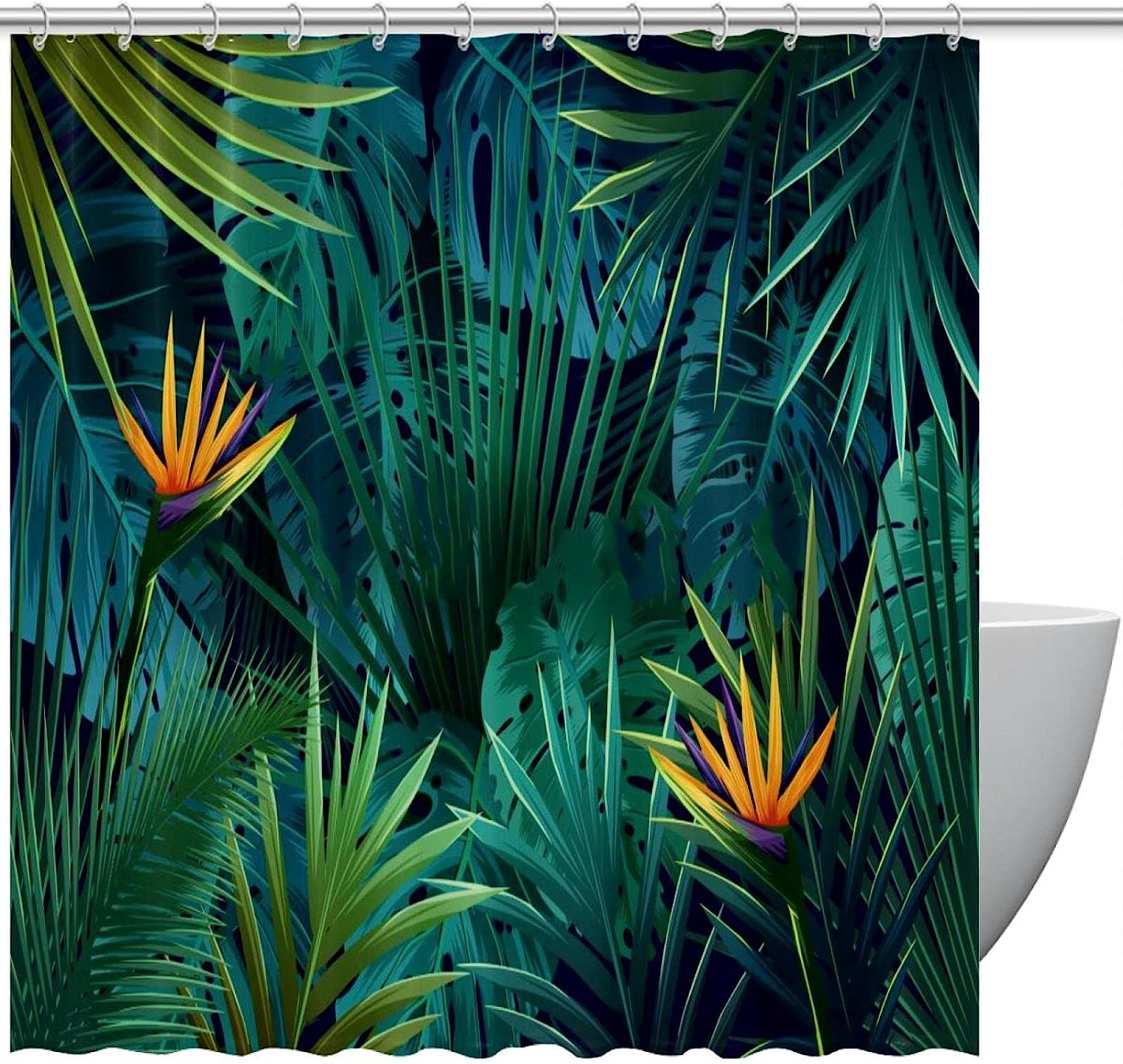 Tropical Palm Leaf Green Fabric Shower Curtain for Bathroom Decor