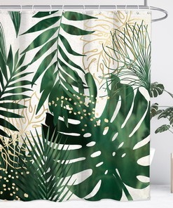 Tropical Palm Leaves Emerald Green Gold Shower Curtain for Botanical Bathroom