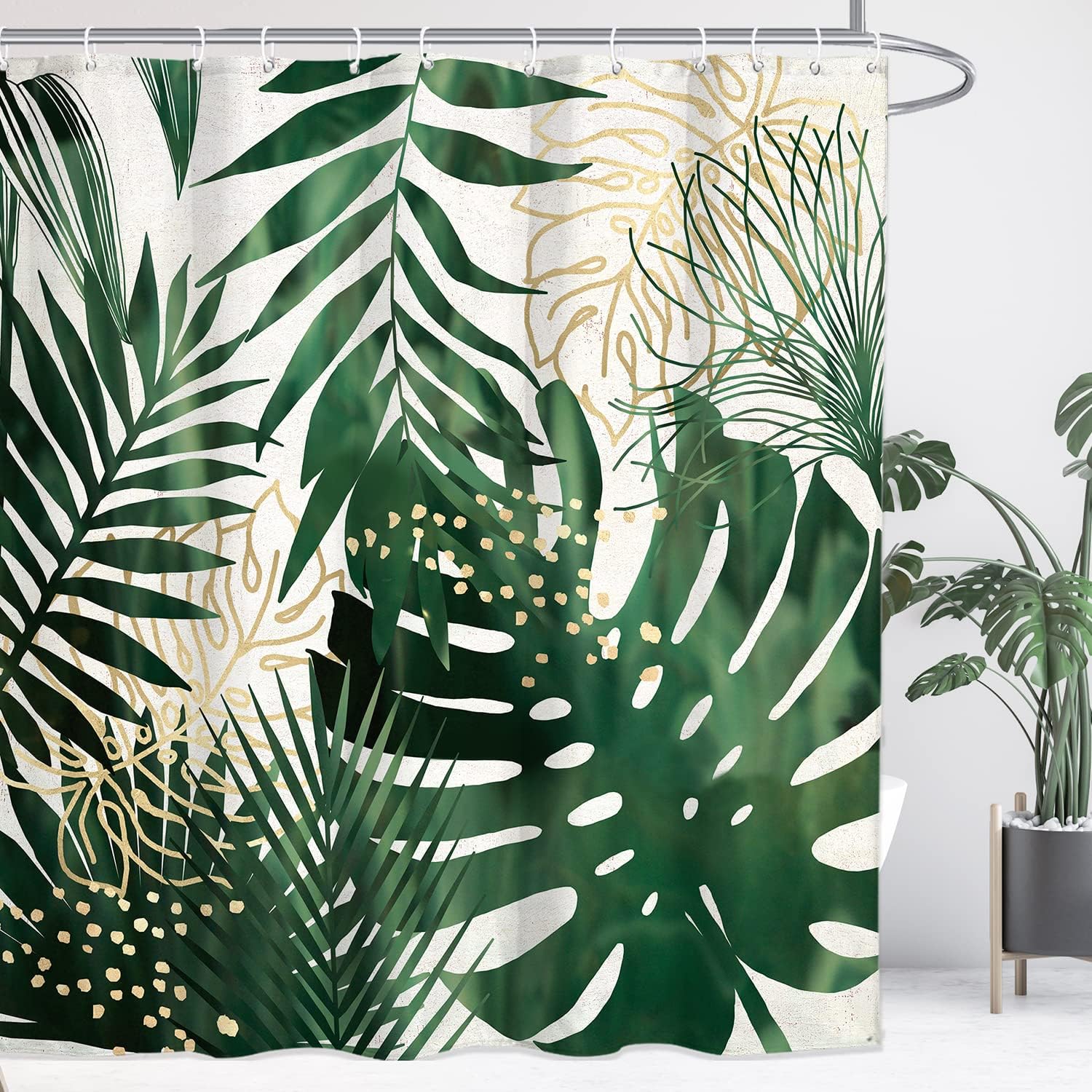 Tropical Palm Leaves Emerald Green Gold Shower Curtain for Botanical Bathroom