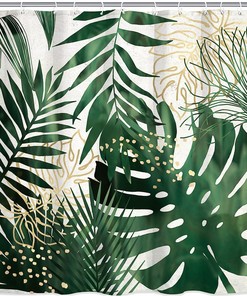 Tropical Palm Leaves Emerald Green Gold Shower Curtain for Botanical Bathroom