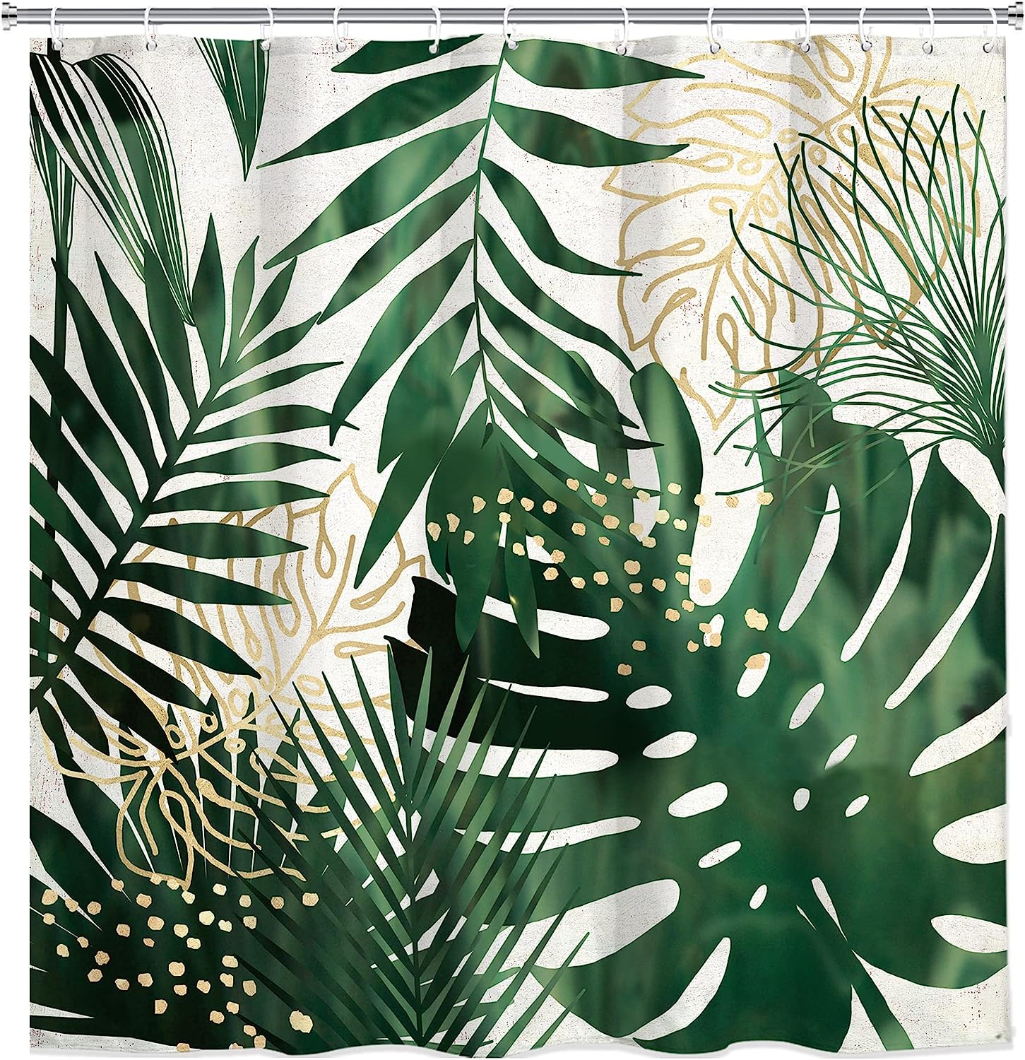 Tropical Palm Leaves Emerald Green Gold Shower Curtain for Botanical Bathroom