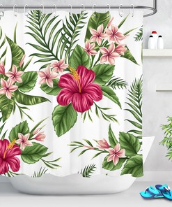Tropical Palm Leaves Flower Shower Curtain for Summer Bathroom Decor