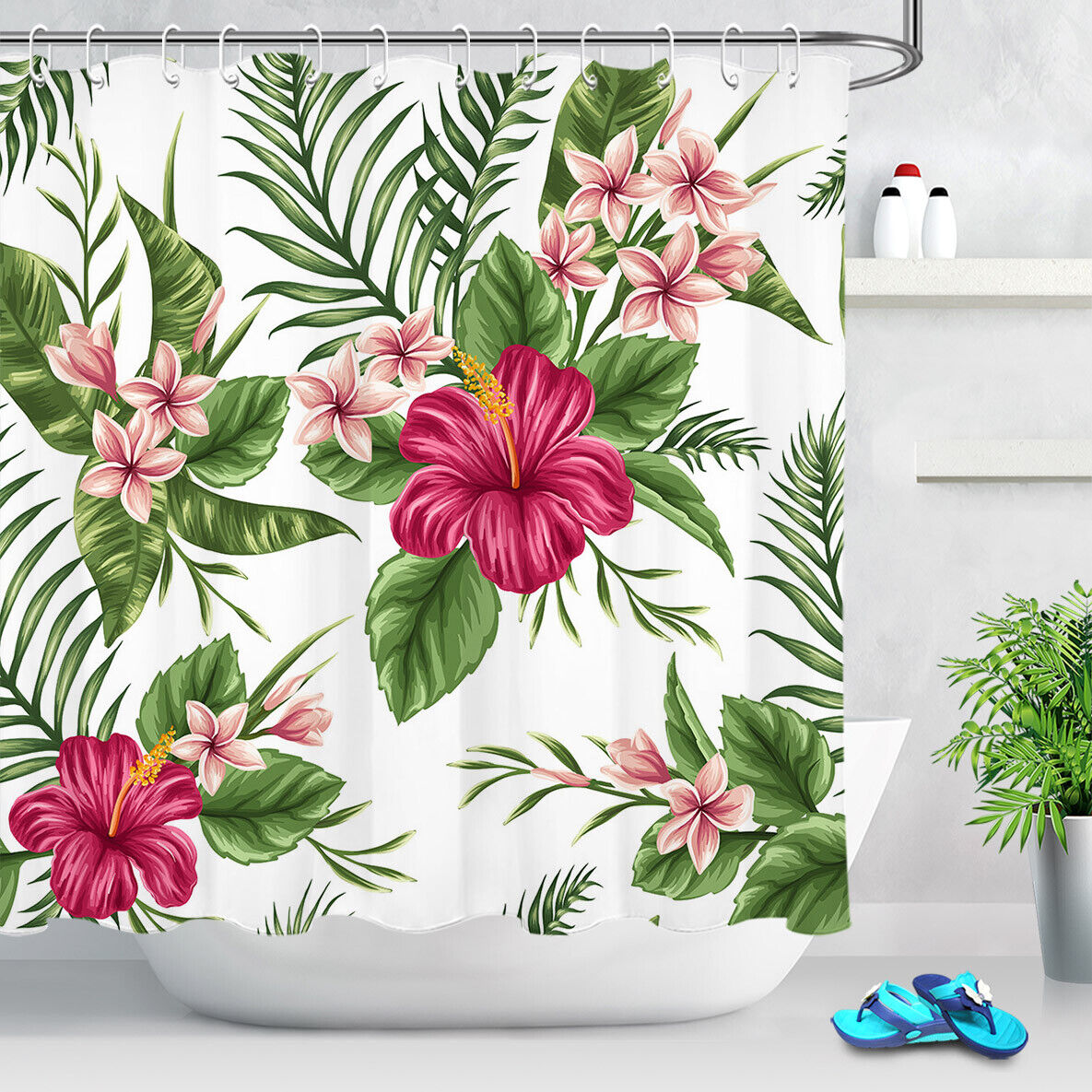 Tropical Palm Leaves Flower Shower Curtain for Summer Bathroom Decor