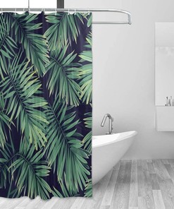 Tropical Palm Leaves Pattern Shower Curtain, Green Plant Bathroom Decor