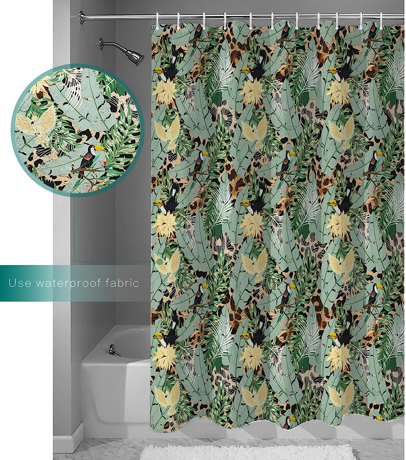 Tropical Palm Leaves Shower Curtain, Waterproof and Washable Bathroom Decor