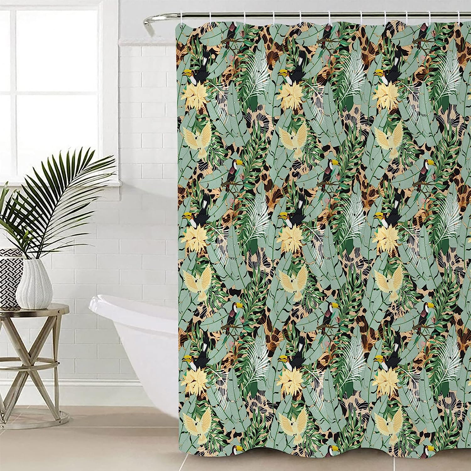 Tropical Palm Leaves Shower Curtain, Waterproof and Washable Bathroom Decor