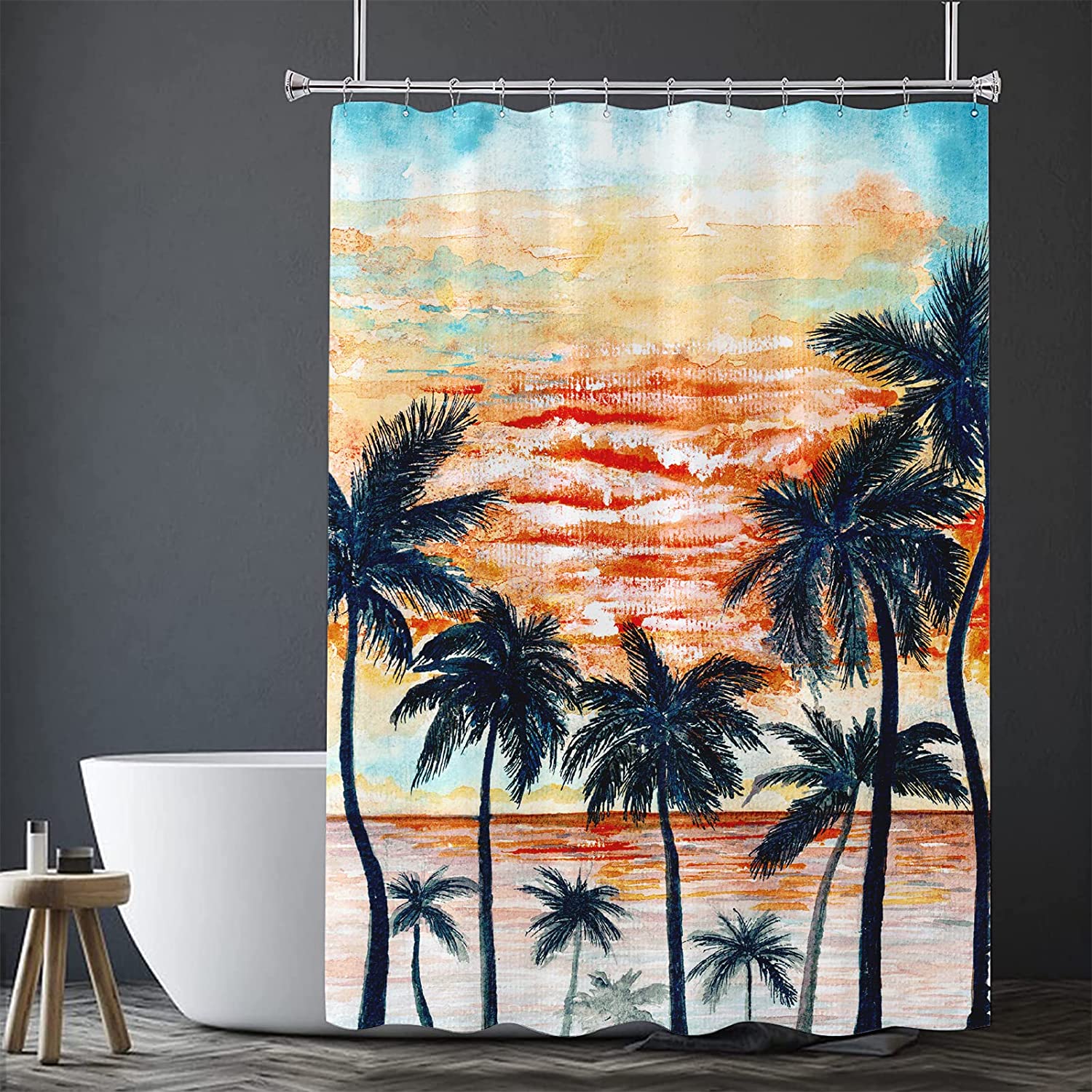 Tropical Palm Tree Shower Curtain, Sunset Beach Home Decor For Your Bathroom