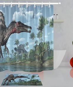 Tropical Palm Trees And Dinosaur Scenic Shower Set With Waterproof Fabric For Your Bathroom