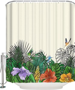 Tropical Palm Turtle Leaf Flowers Spring Summer Fabric Shower Curtain