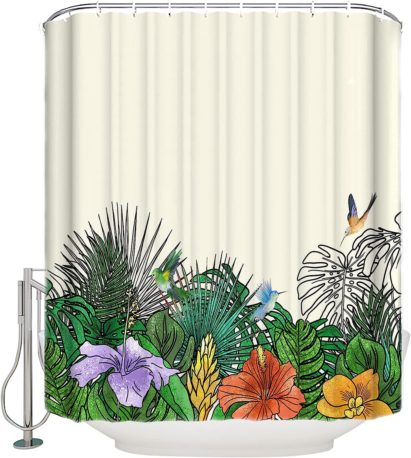 Tropical Palm Turtle Leaf Flowers Spring Summer Fabric Shower Curtain